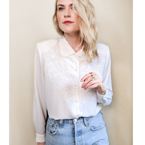 Vintage Tops - 80s White Embroidered Button Down Vintage Blouse
